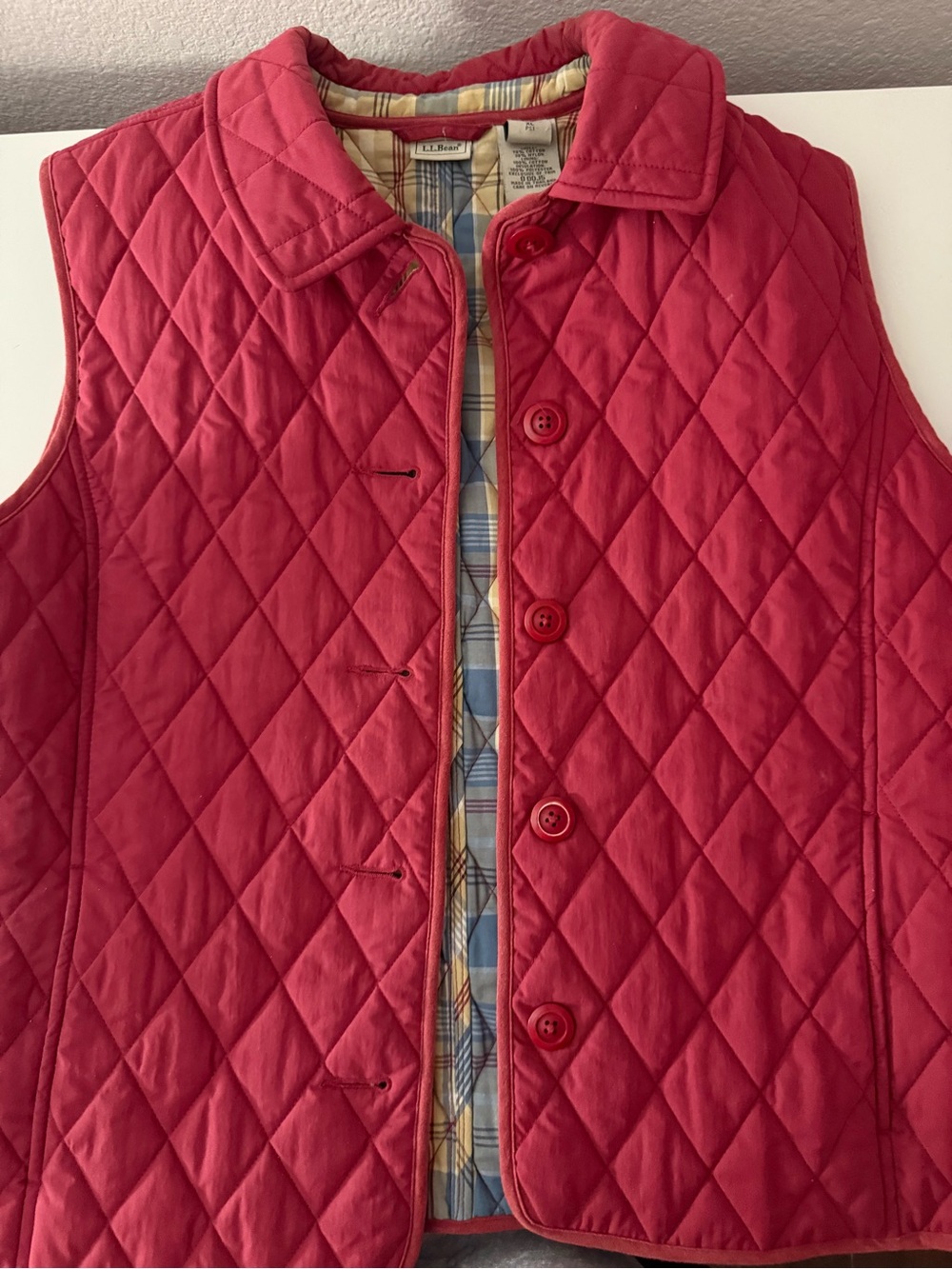 L.L. Bean Quilted Red Button Vest with Plaid Lining